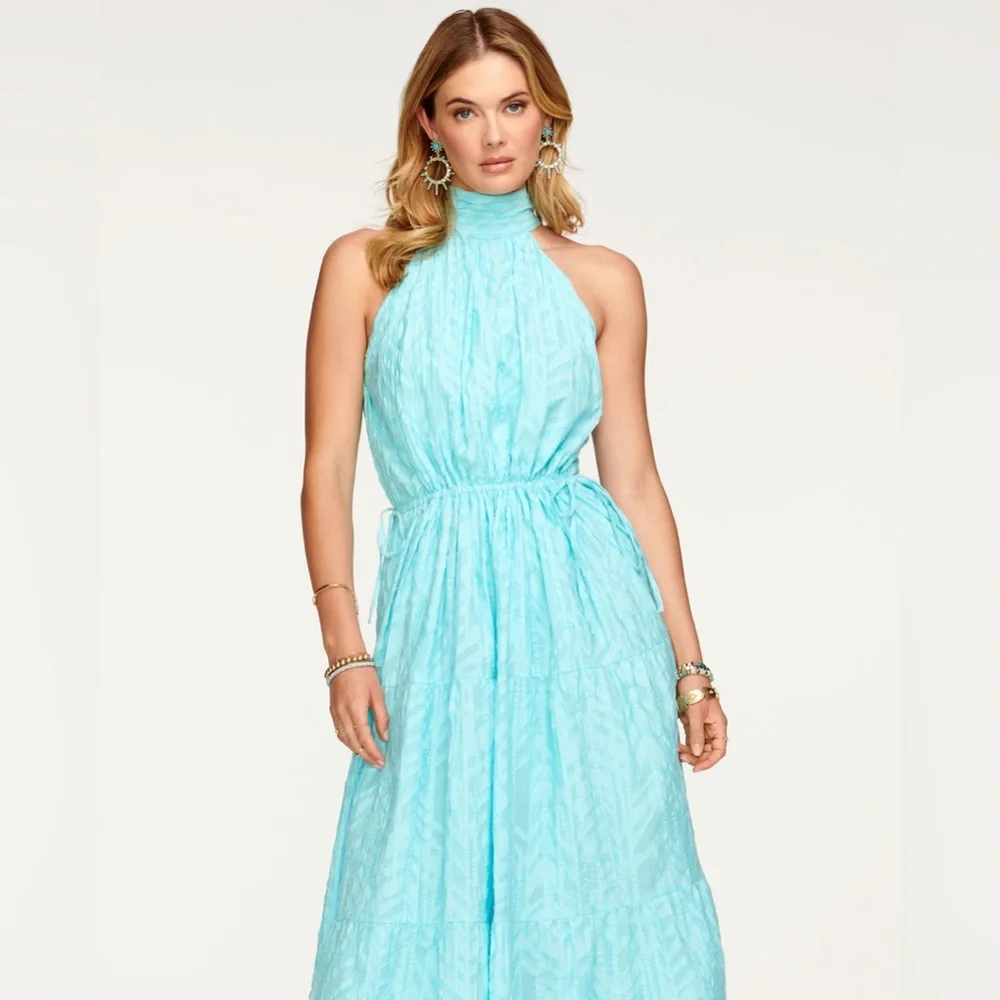 RAMY BROOK Jess Halter Midi Dress Sky Blue Textured Cotton Back Bow Tie Size XS - Picture 4 of 8